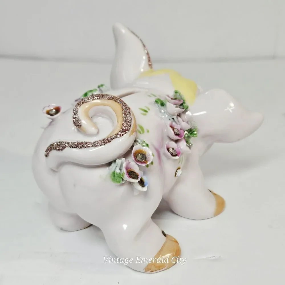 Vtg Lefton Piggy Bank Hand Painted Applied Flowers Rhinestones Vintage 1950 READ